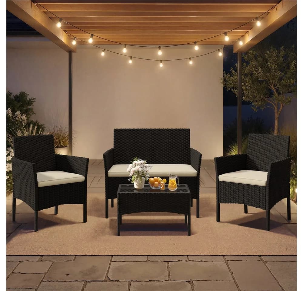 Yaheetech 4-teiliges Rattan-Gartenmöbel-Set mit Sofa, Sesseln & Glastisch - Bild 3