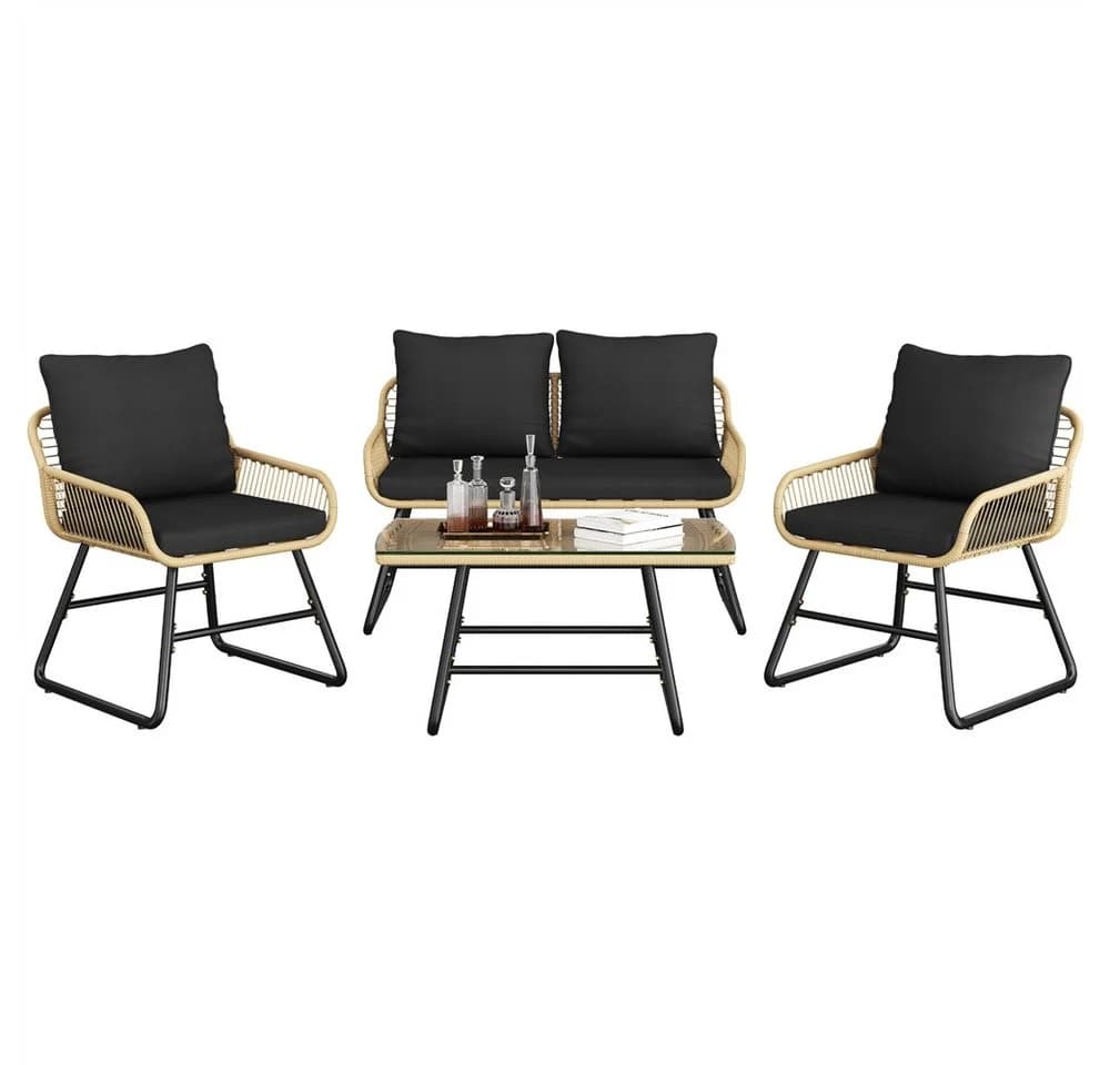 Yaheetech Gartenlounge-Set 4-tlg. Braun/Schwarz PE-Rattan mit Kissen - Bild 2