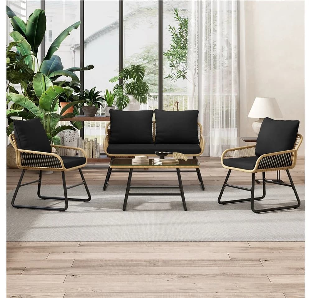 Yaheetech Gartenlounge-Set 4-tlg. Braun/Schwarz PE-Rattan mit Kissen - Bild 3