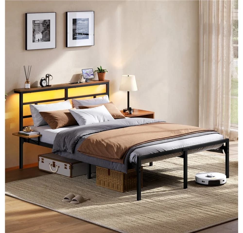 Yaheetech Metallbett mit LED-Beleuchtung & Ladestation
