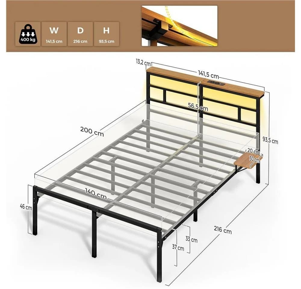 Yaheetech Metallbett mit LED-Beleuchtung & Ladestation - Bild 4