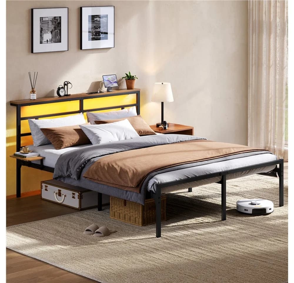 Yaheetech Metallbett mit LED-Beleuchtung & Ladestation