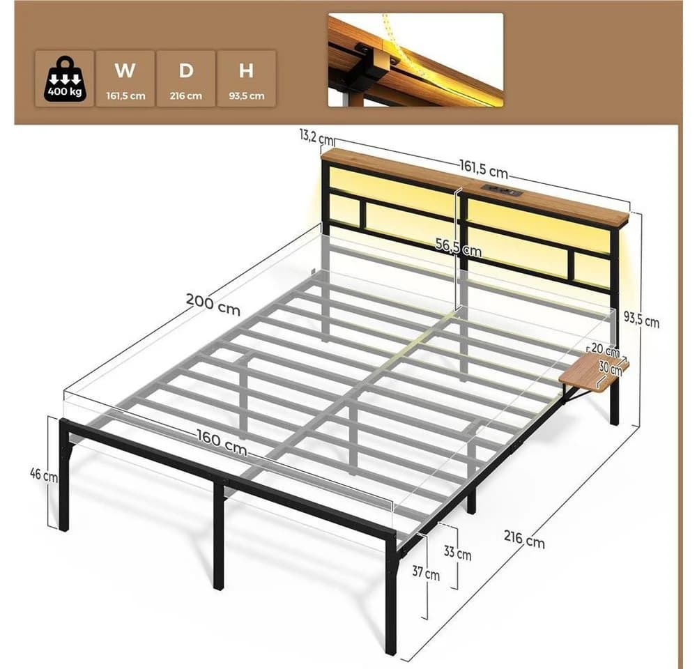 Yaheetech Metallbett mit LED-Beleuchtung & Ladestation - Bild 4