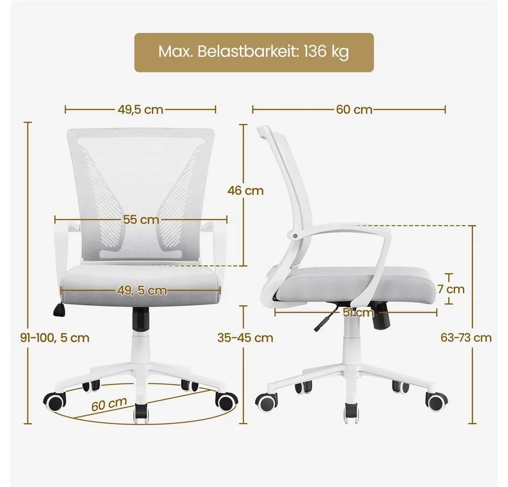 Yaheetech Bürostuhl Höhenverstellbar Hellgrau Mesh Ergonomisch - Bild 4