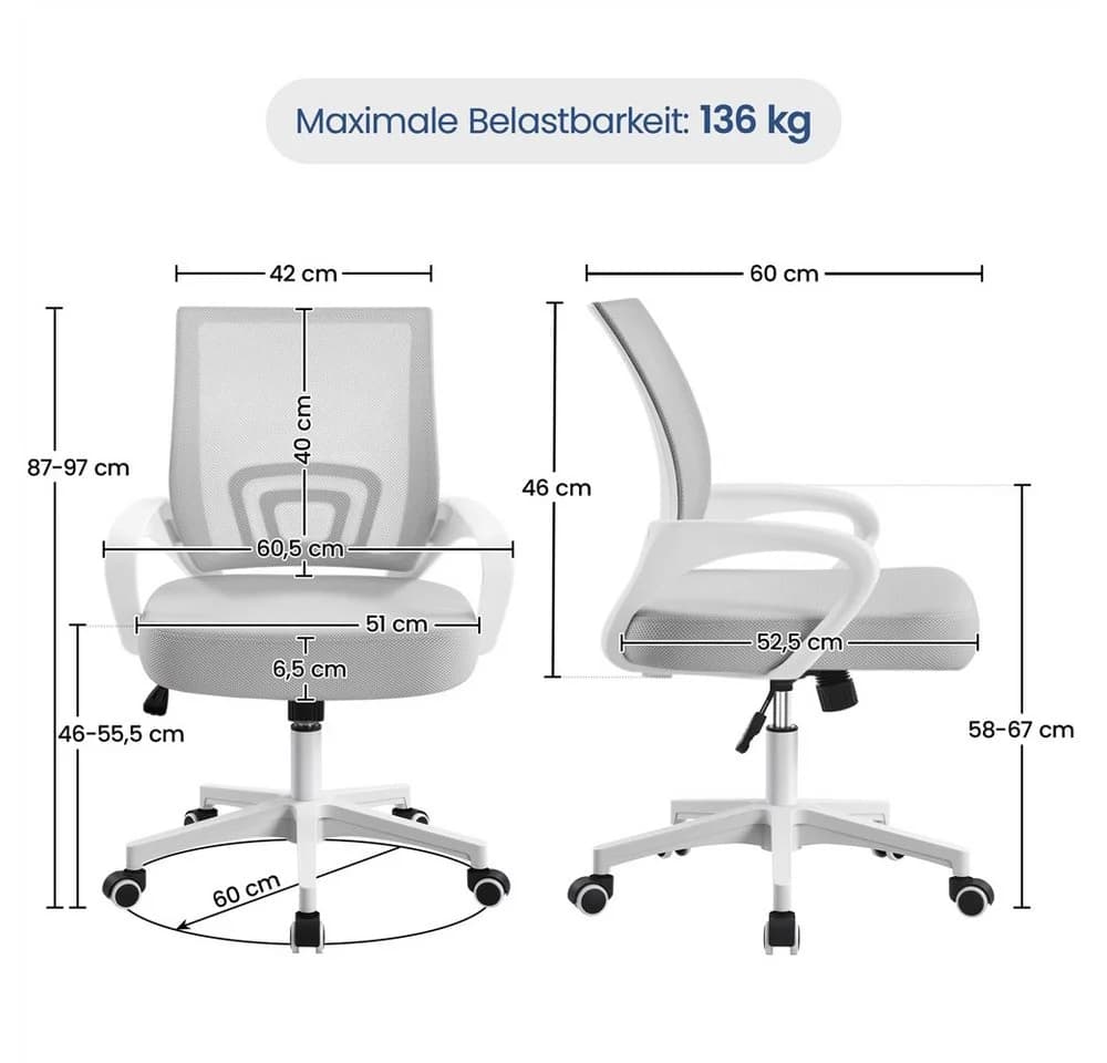 Yaheetech Bürostuhl höhenverstellbar mit Schaukelfunktion Hellgrau - Bild 4