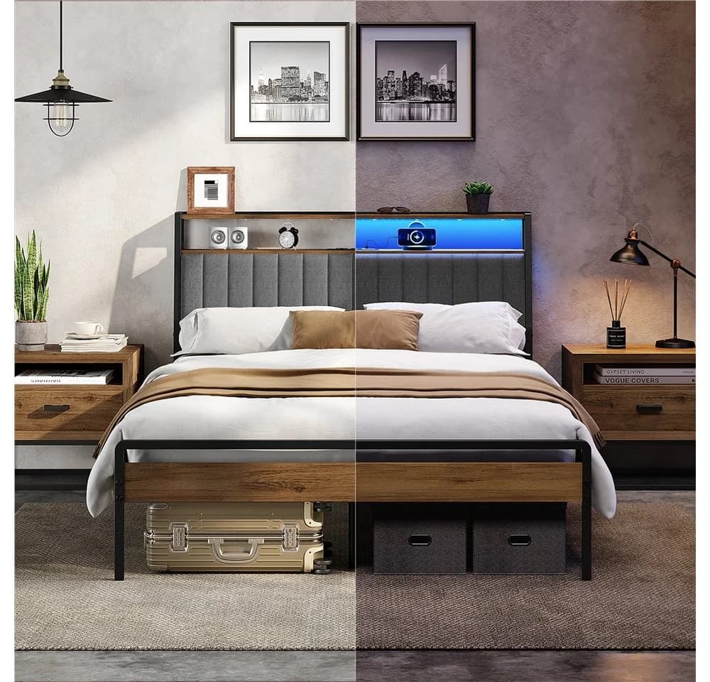 Yaheetech Metallbett mit LED & USB-Ladestation