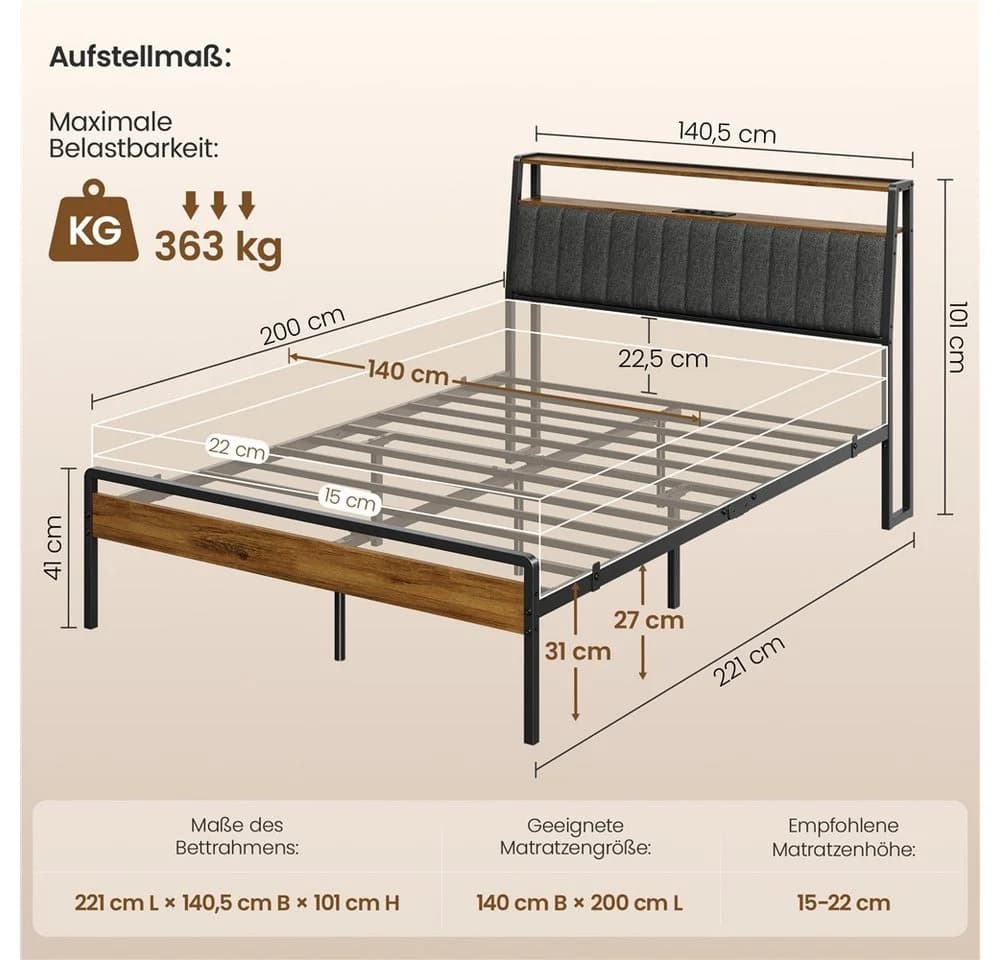 Yaheetech Metallbett mit LED & USB-Ladestation - Bild 3