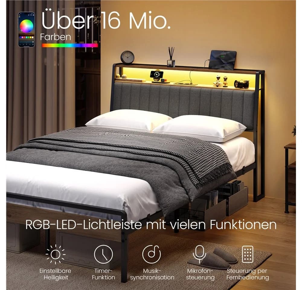 Yaheetech Metallbett mit LED & USB-Ladestation - Bild 5