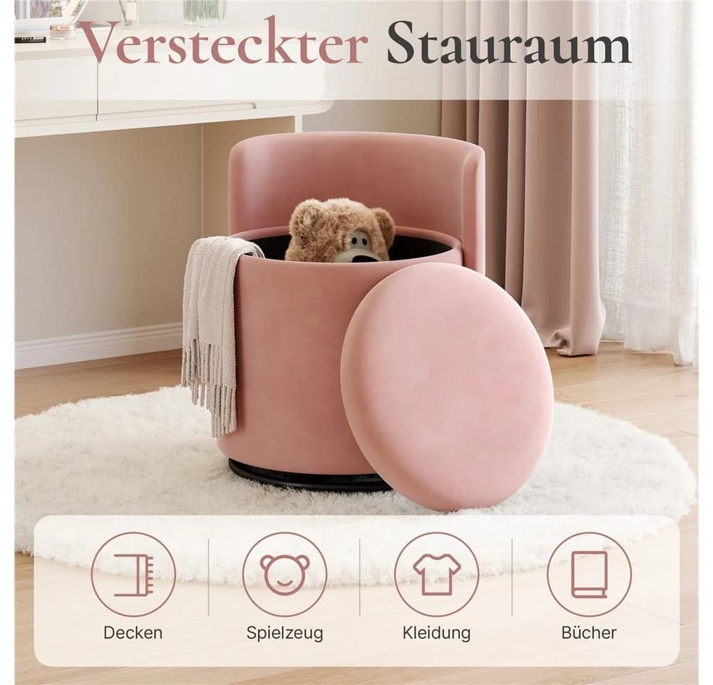 Yaheetech Polsterhocker Rosa 360° drehbar mit Stauraum & Rückenlehne