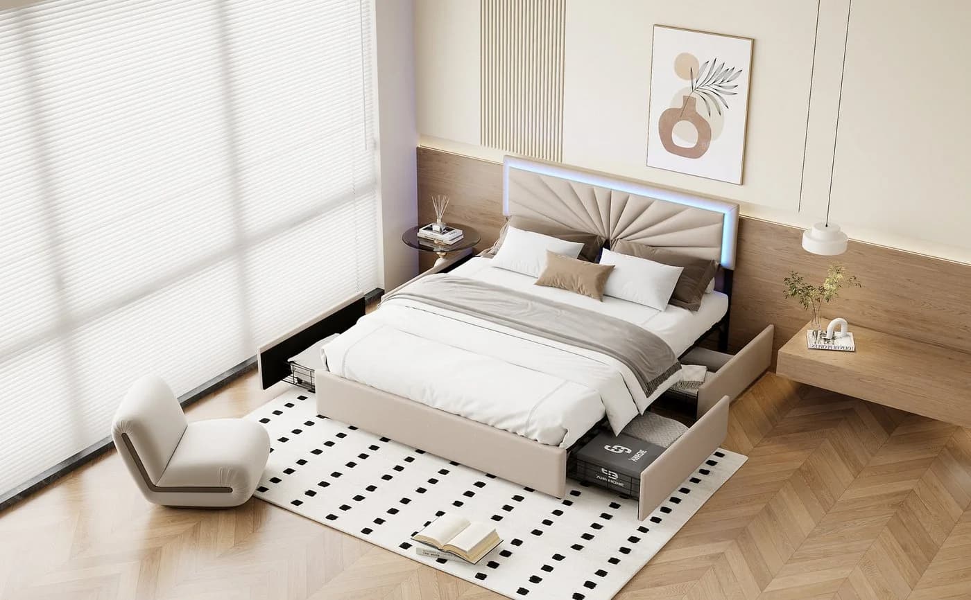 ADWOLT Polsterbett Beige mit LED-Beleuchtung und 4 Schubladen
