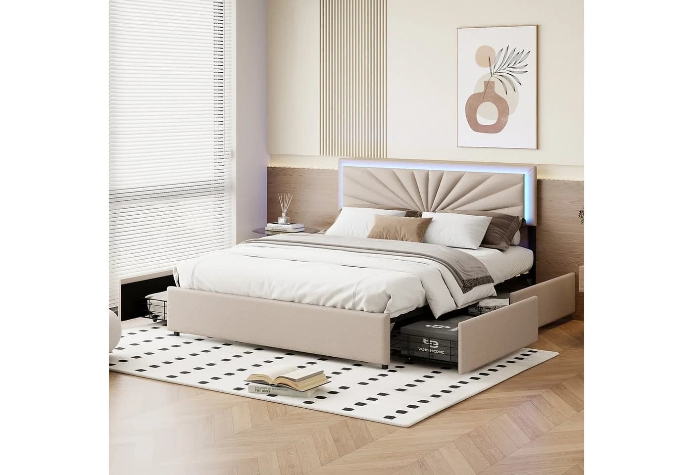 ADWOLT Polsterbett Beige mit LED-Beleuchtung und 4 Schubladen - Bild 2