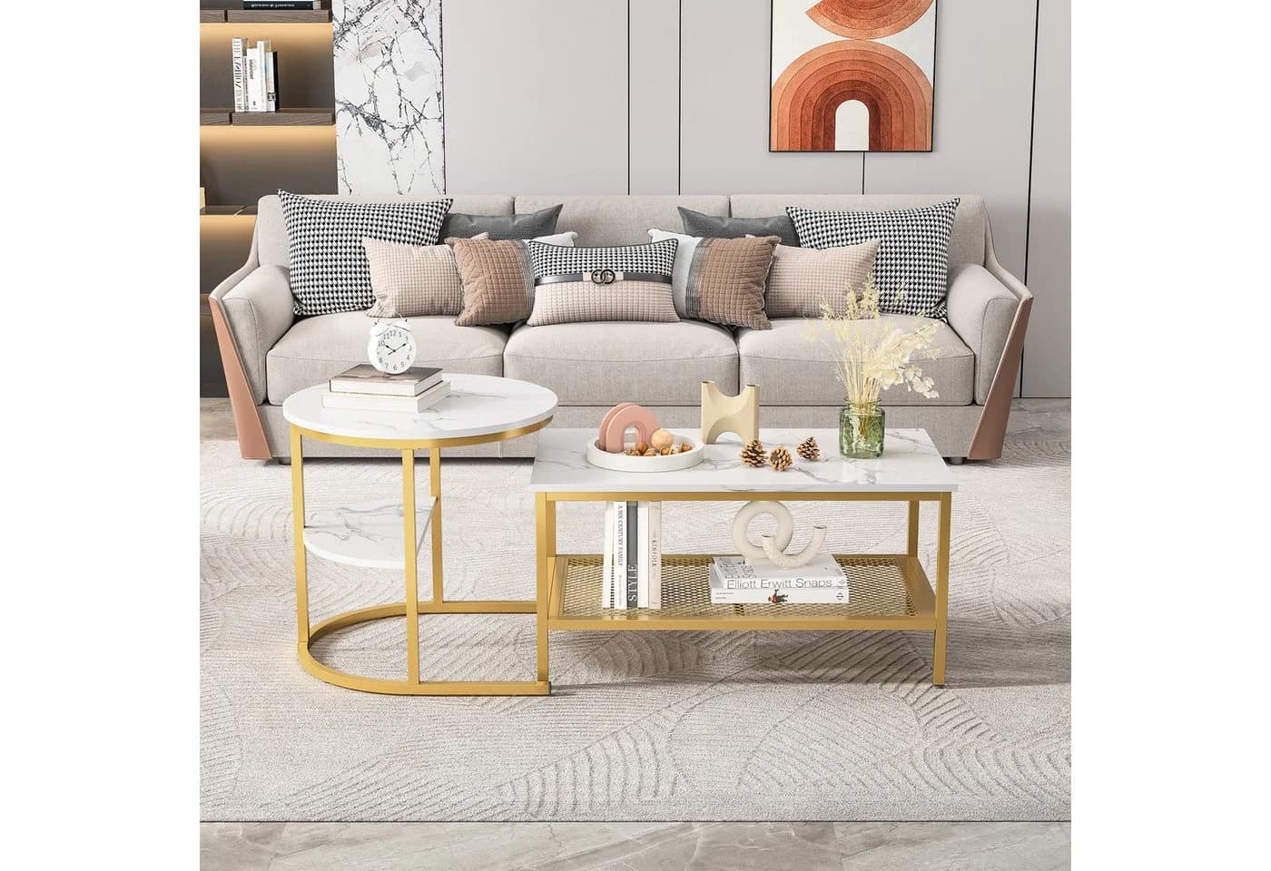 FUROKOY Couchtisch 2er-Set Marmoroptik Weiß-Gold Stapelbar