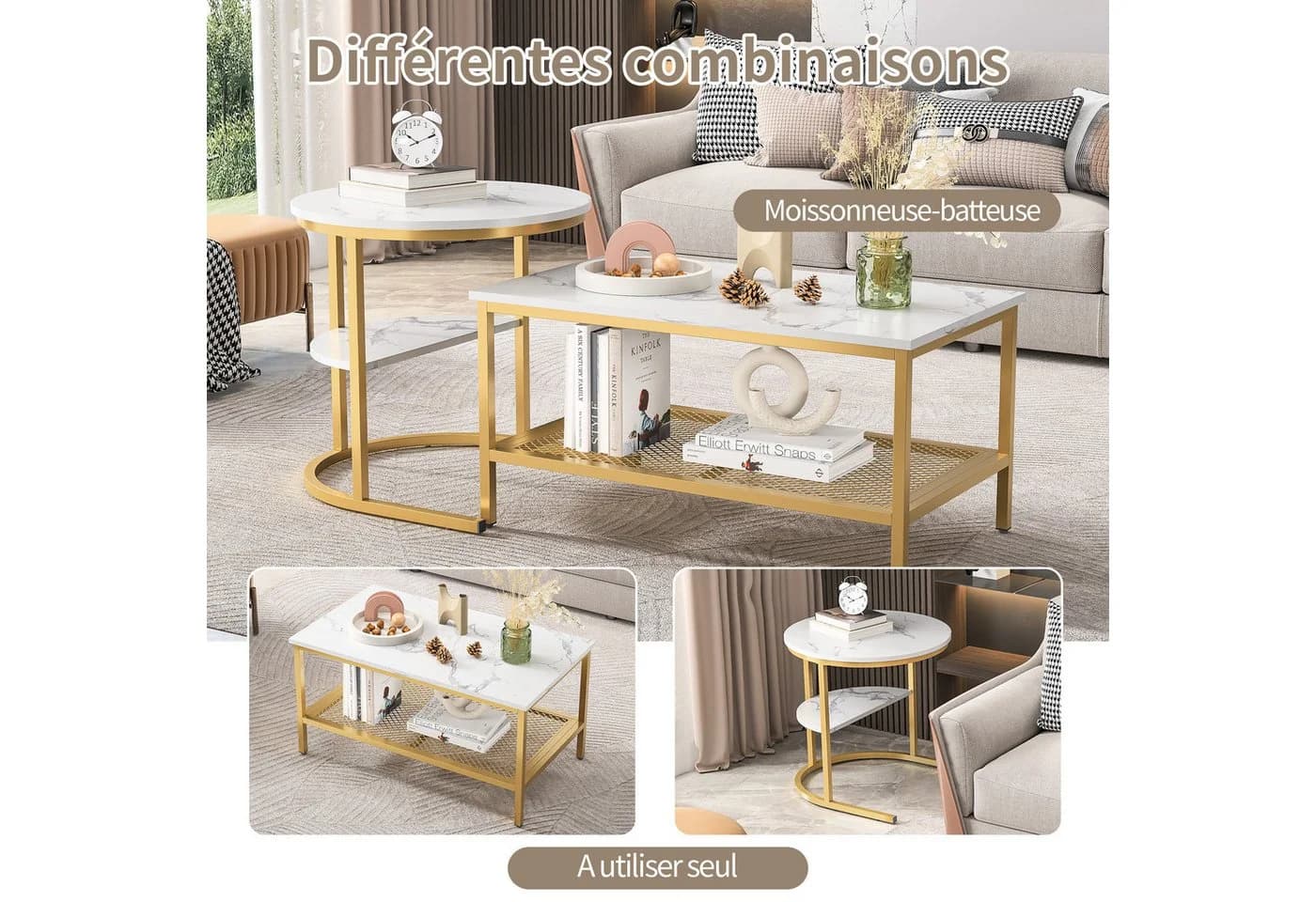 FUROKOY Couchtisch 2er-Set Marmoroptik Weiß-Gold Stapelbar - Bild 3