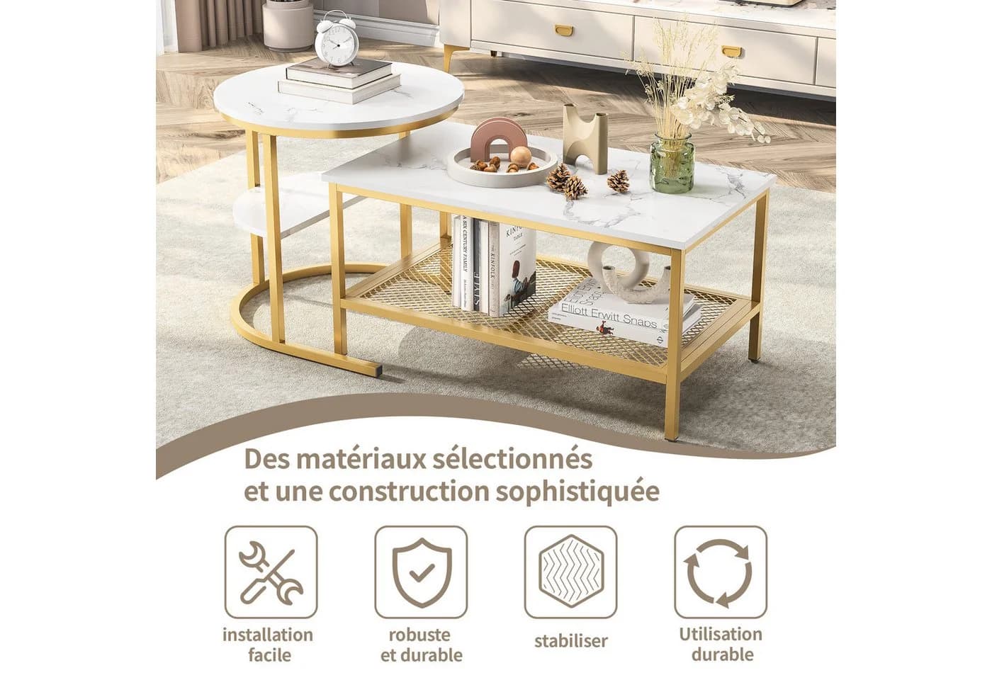 FUROKOY Couchtisch 2er-Set Marmoroptik Weiß-Gold Stapelbar - Bild 5