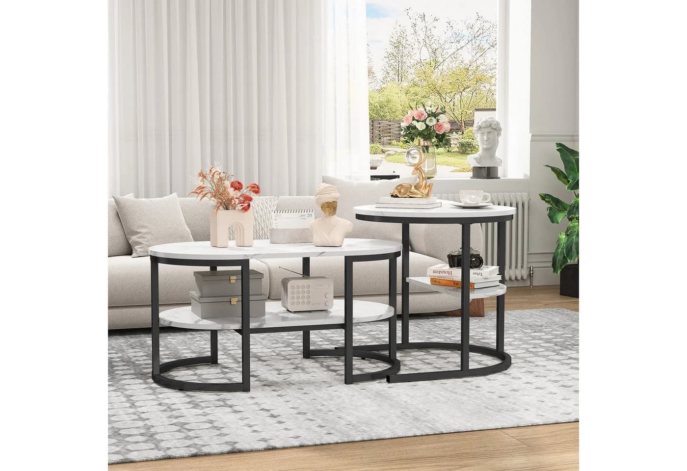FUROKOY Couchtisch 2er-Set Marmoroptik Metallbeine Weiß-Schwarz