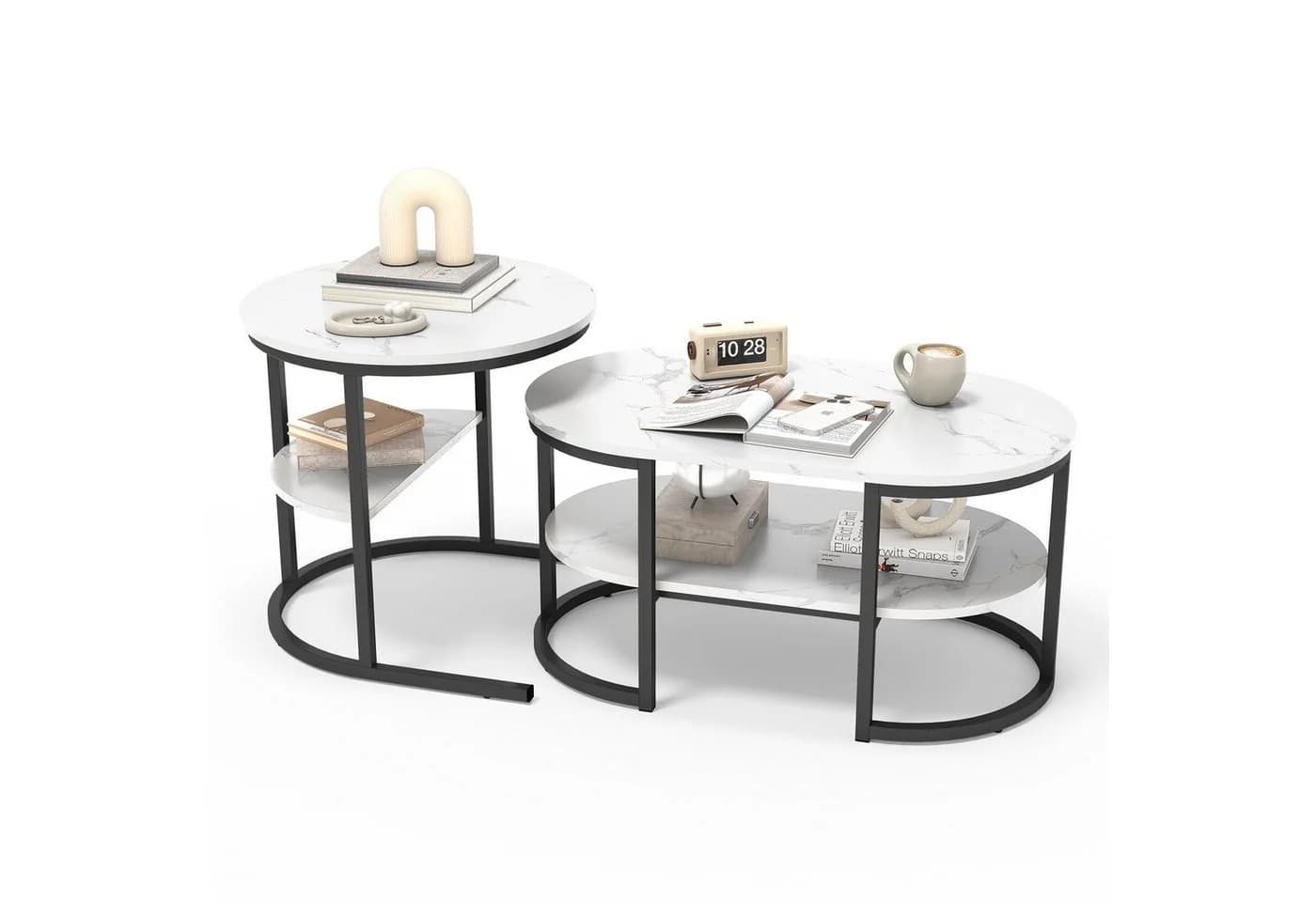 FUROKOY Couchtisch 2er-Set Marmoroptik Metallbeine Weiß-Schwarz - Bild 2