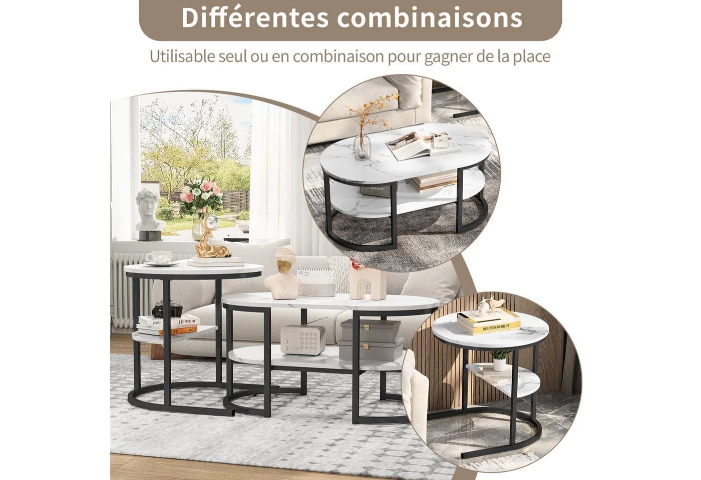 FUROKOY Couchtisch 2er-Set Marmoroptik Metallbeine Weiß-Schwarz - Bild 3