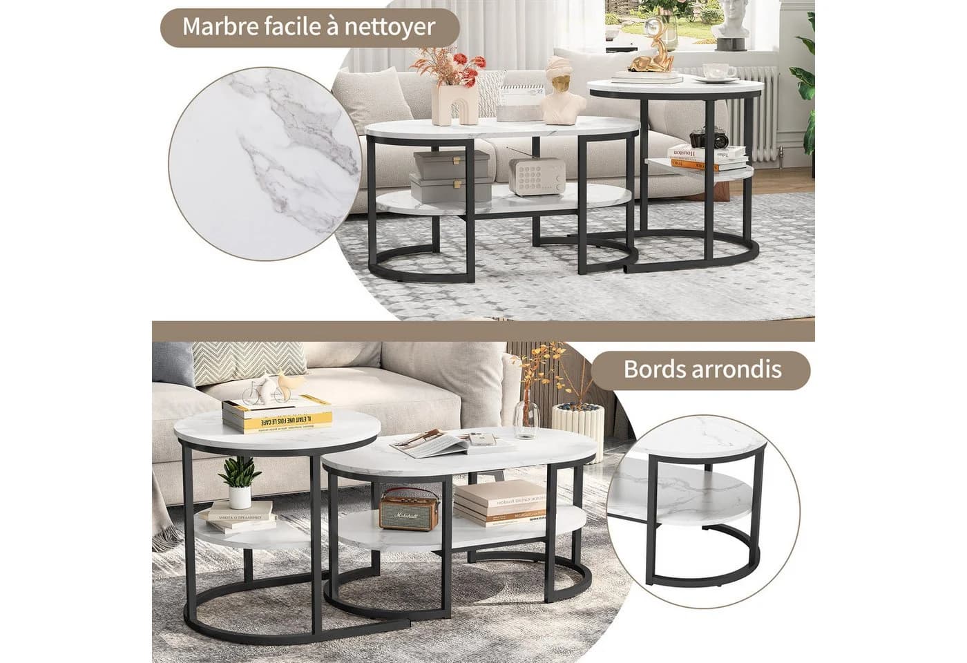 FUROKOY Couchtisch 2er-Set Marmoroptik Metallbeine Weiß-Schwarz - Bild 4