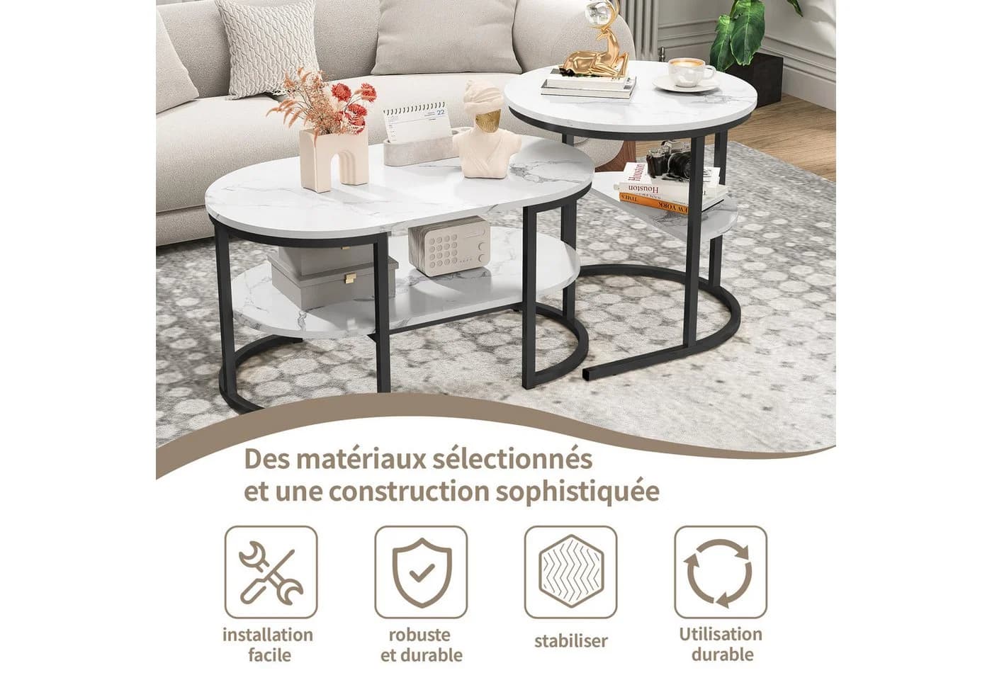 FUROKOY Couchtisch 2er-Set Marmoroptik Metallbeine Weiß-Schwarz - Bild 5