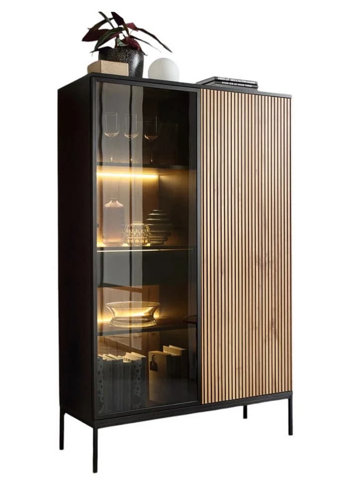 Compleo Vitrine LINO Standvitrine mit Schublade Eiche Wotan/Schwarz - Bild 2