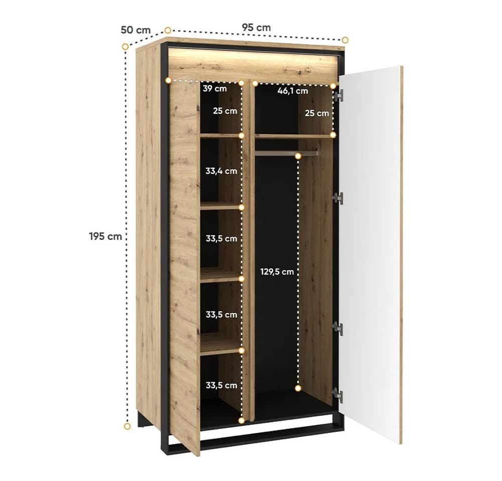 Compleo Kleiderschrank LIMA Push-to-Open LED 2-Türer Schwarz/Eiche - Bild 5