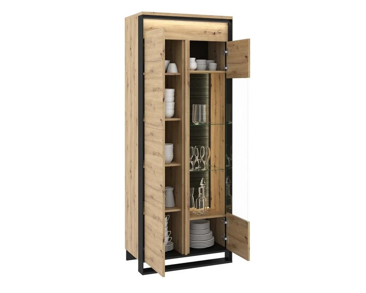 Compleo Vitrine LIMA 2-türig Loft Stil Schwarz Eiche Glasregal LED - Bild 4