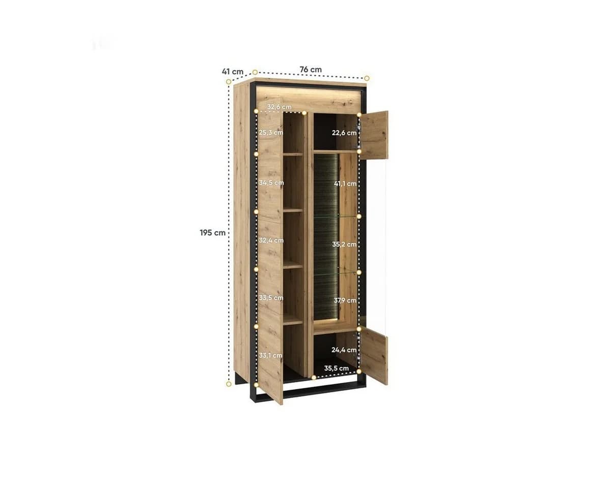 Compleo Vitrine LIMA 2-türig Loft Stil Schwarz Eiche Glasregal LED - Bild 5