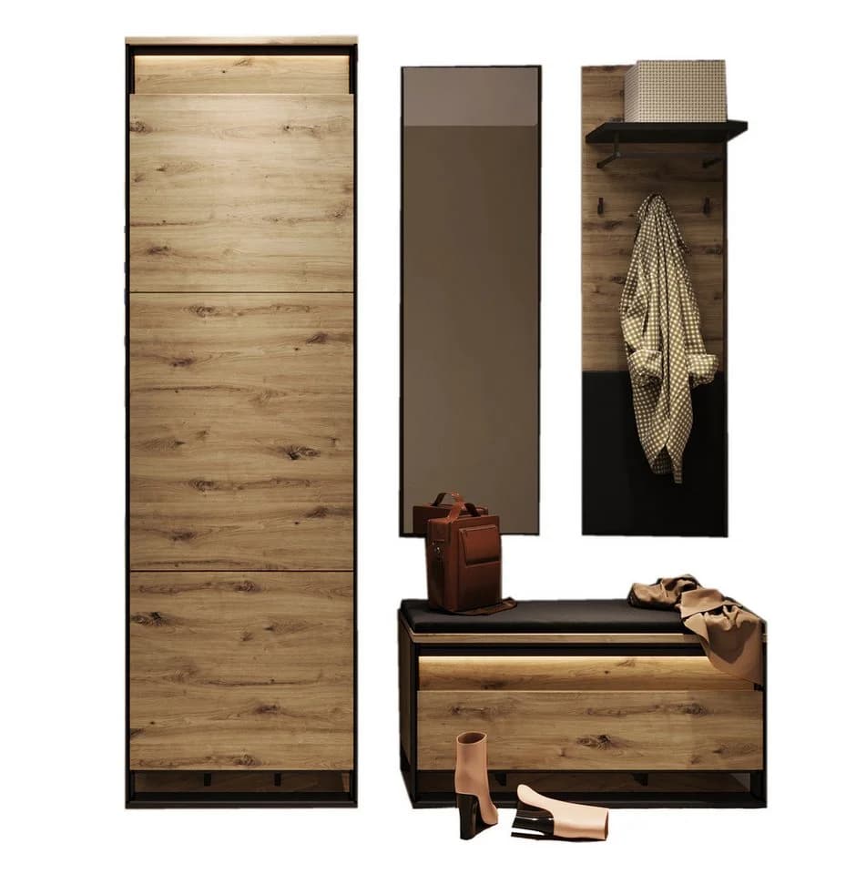 Compleo Garderoben-Set LIMA Loft Schwarz Eiche artisan mit LED