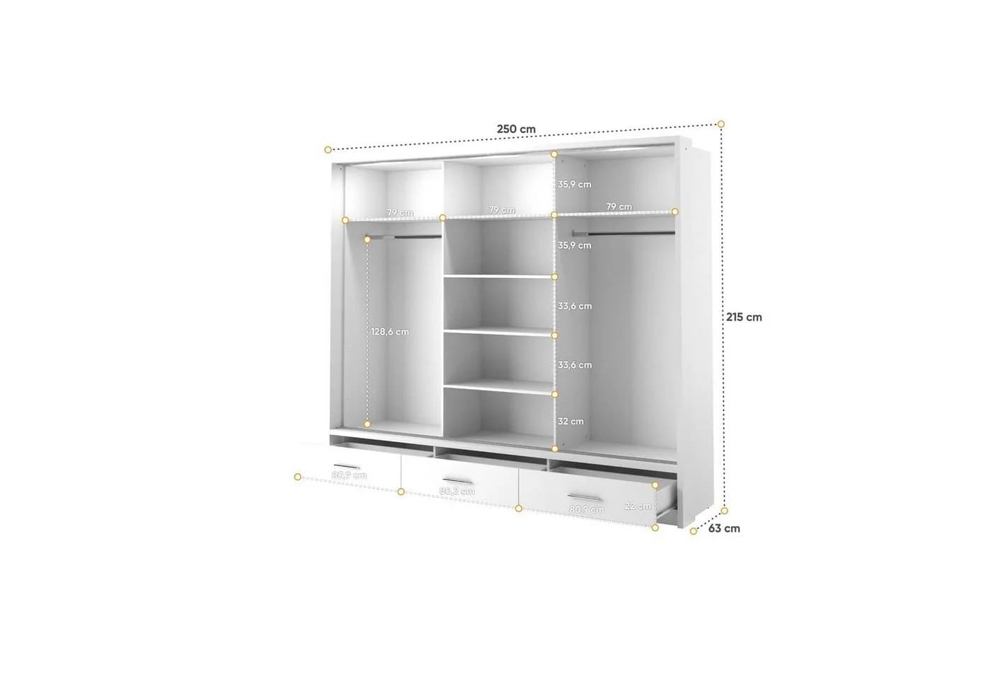 Compleo Kleiderschrank ARTI 01 Weiß 3-türig mit 3 Schubladen und Spiegeln - Bild 5