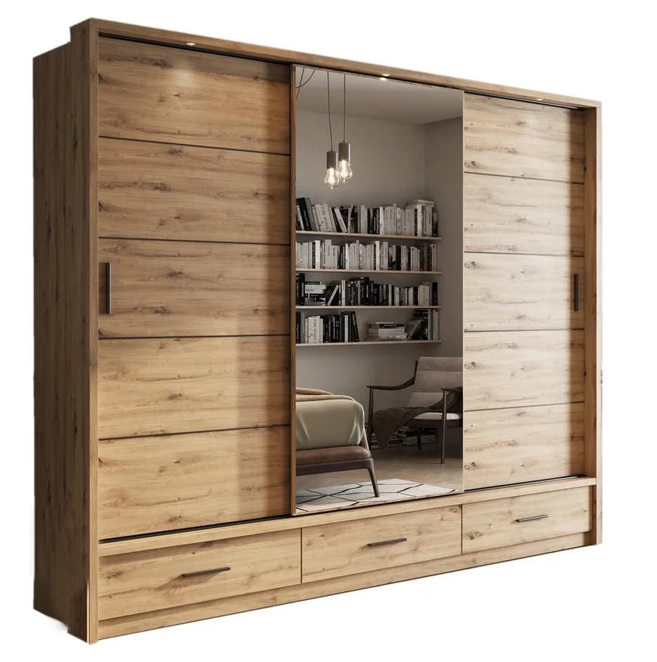 Compleo Kleiderschrank ARTI 01 3-türig mit Spiegel und 3 Schubladen Eiche - Bild 2