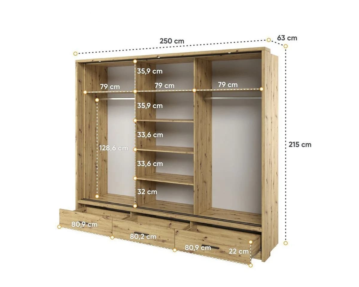 Compleo Kleiderschrank ARTI 01 3-türig mit Spiegel und 3 Schubladen Eiche - Bild 3