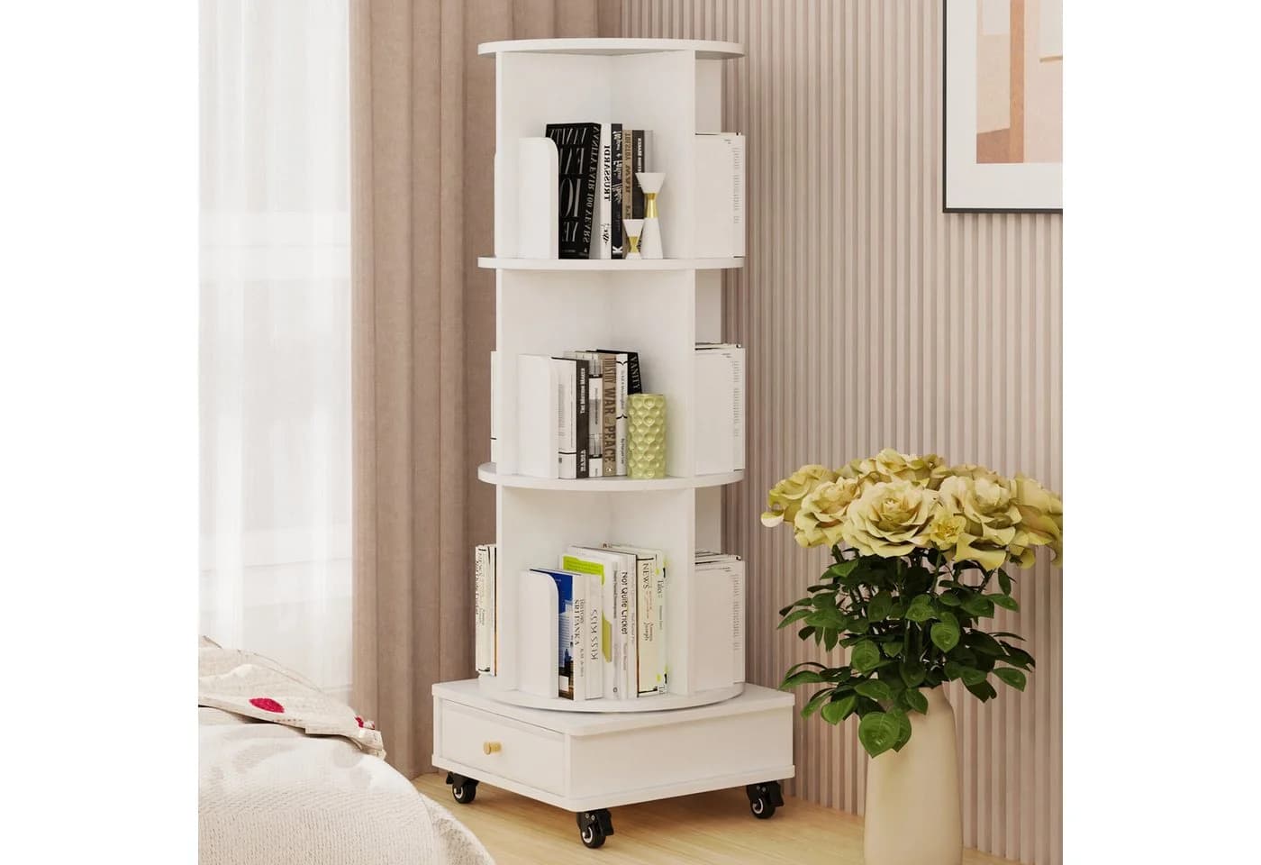 JEOBEST Bücherregal drehbar 360° weiß mit Rollen