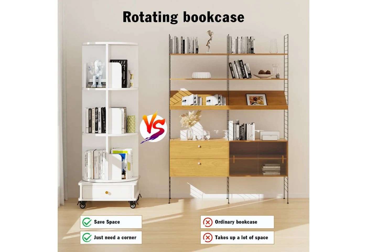 JEOBEST Bücherregal drehbar 360° weiß mit Rollen - Bild 3
