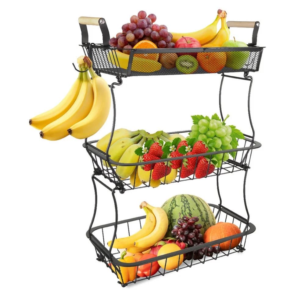 JEOBEST 3-stöckiger Obstkorb Metall Schwarz mit Bananenaufhängern - Bild 2