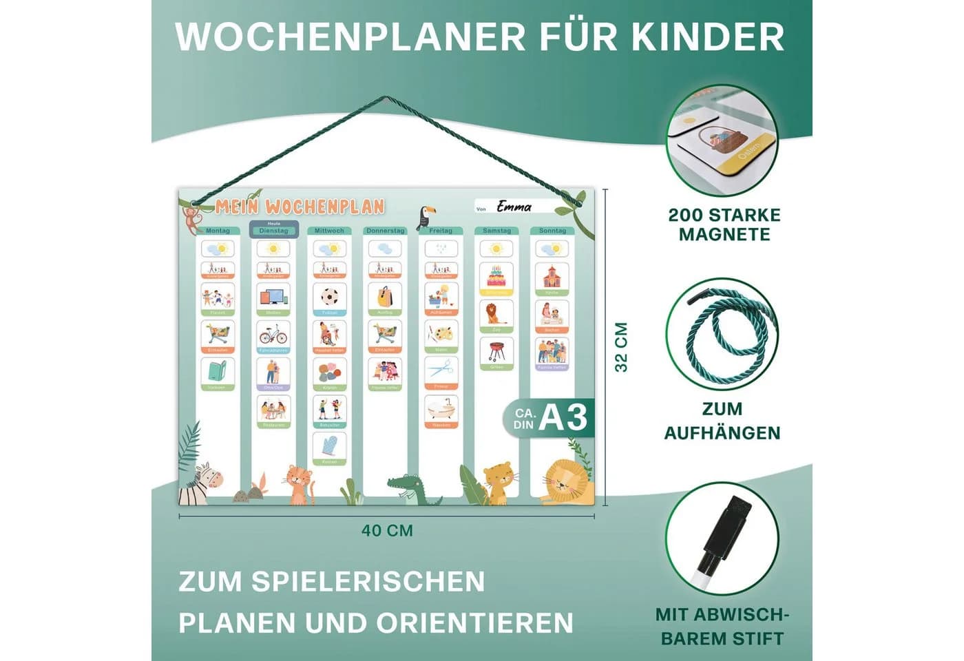 Mini Mindz Magnettafel Wochenplaner Kinder Grün mit 200 Magneten