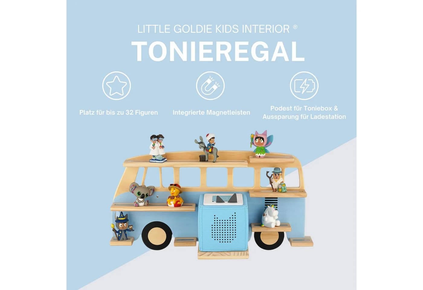 Little Goldie Kinderregal für Toniebox 1 & 2 mit 30 Tonies Halterung - Bus Motiv