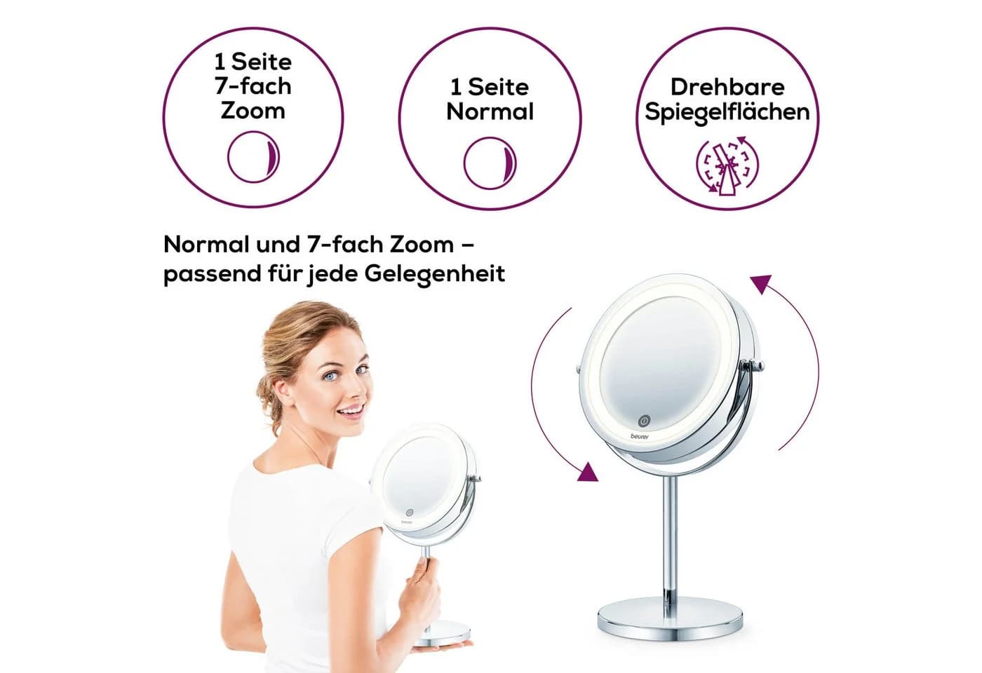 Beurer Kosmetikspiegel BS 55 beleuchteter Kosmetikspiegel mit 7-facher Vergrößerung, Beauty-Spiegel mit LED-Licht und Dimmfunktion, 2 Spiegelflächen - Bild 3