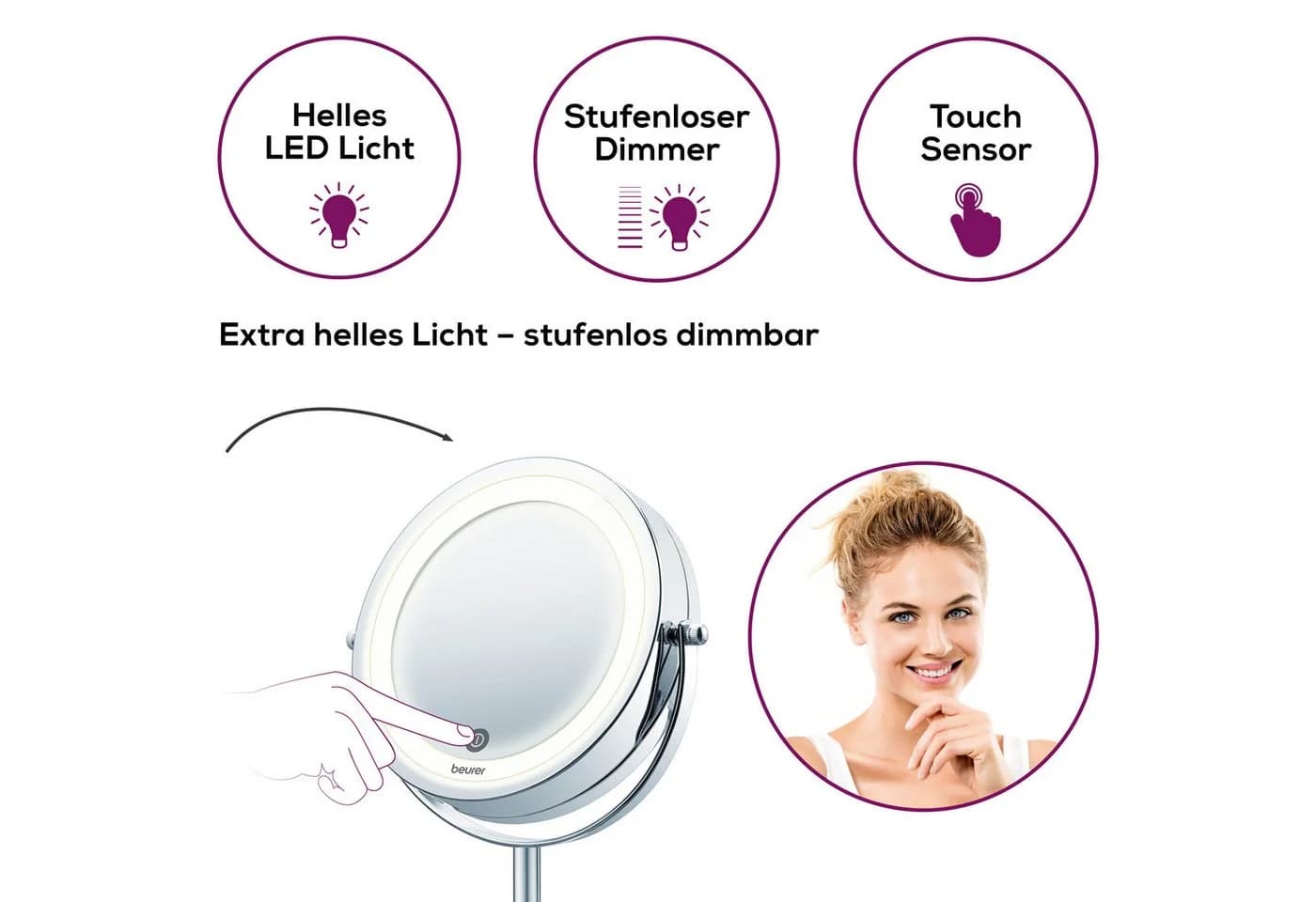 Beurer Kosmetikspiegel BS 55 beleuchteter Kosmetikspiegel mit 7-facher Vergrößerung, Beauty-Spiegel mit LED-Licht und Dimmfunktion, 2 Spiegelflächen - Bild 4