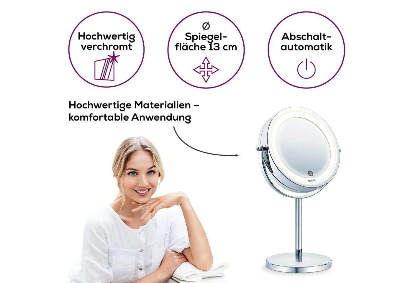 Beurer Kosmetikspiegel BS 55 beleuchteter Kosmetikspiegel mit 7-facher Vergrößerung, Beauty-Spiegel mit LED-Licht und Dimmfunktion, 2 Spiegelflächen - Bild 5