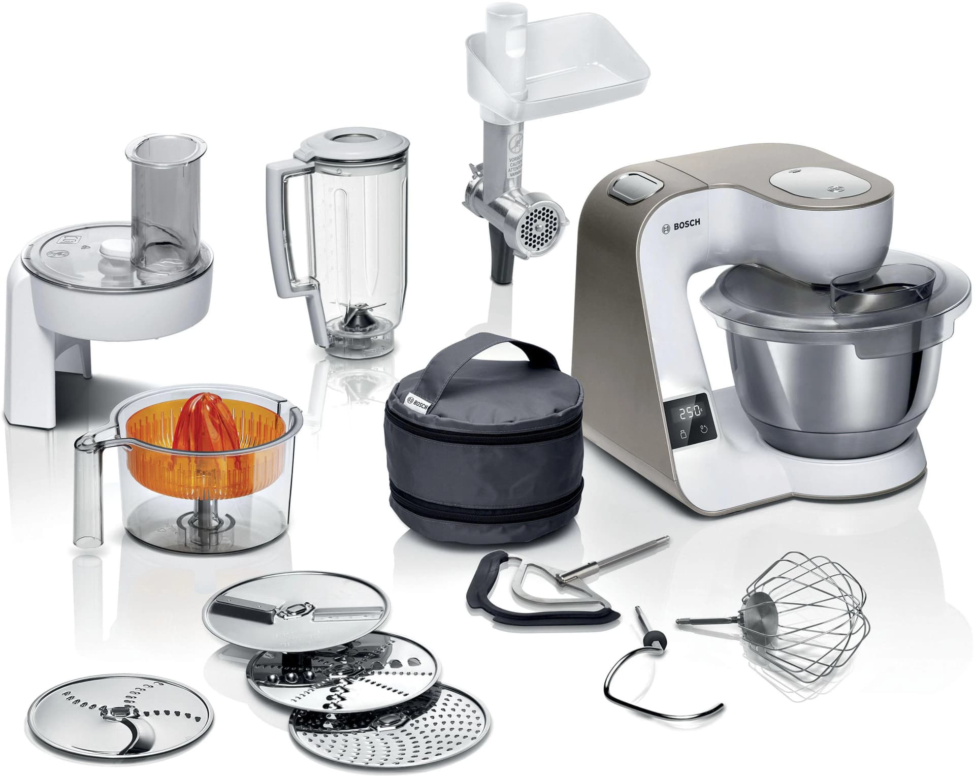 Bosch Küchenmaschine Serie 4 MUM5XW40 mit integrierter Waage und Durchlaufschnitzler, weiß/champagner