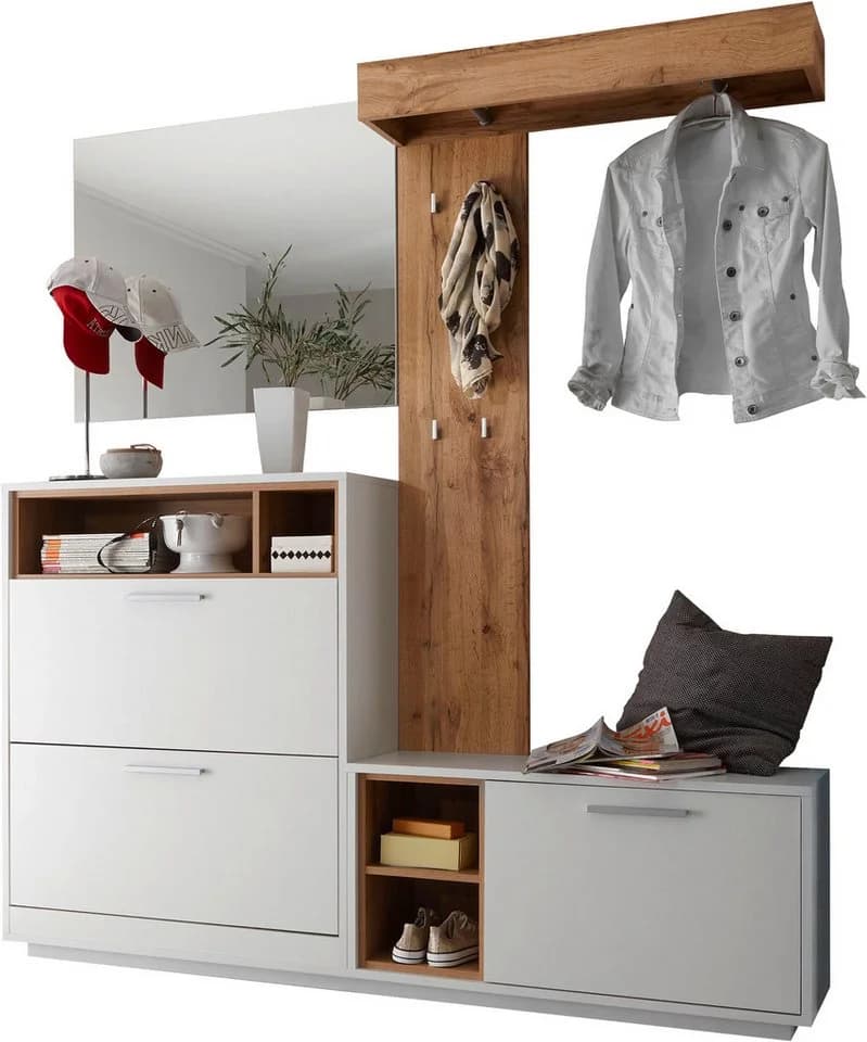 HBZ Milano Kompaktgarderobe mit Spiegel, Bank und Schuhkommode Weiß/Wildeiche - Bild 3