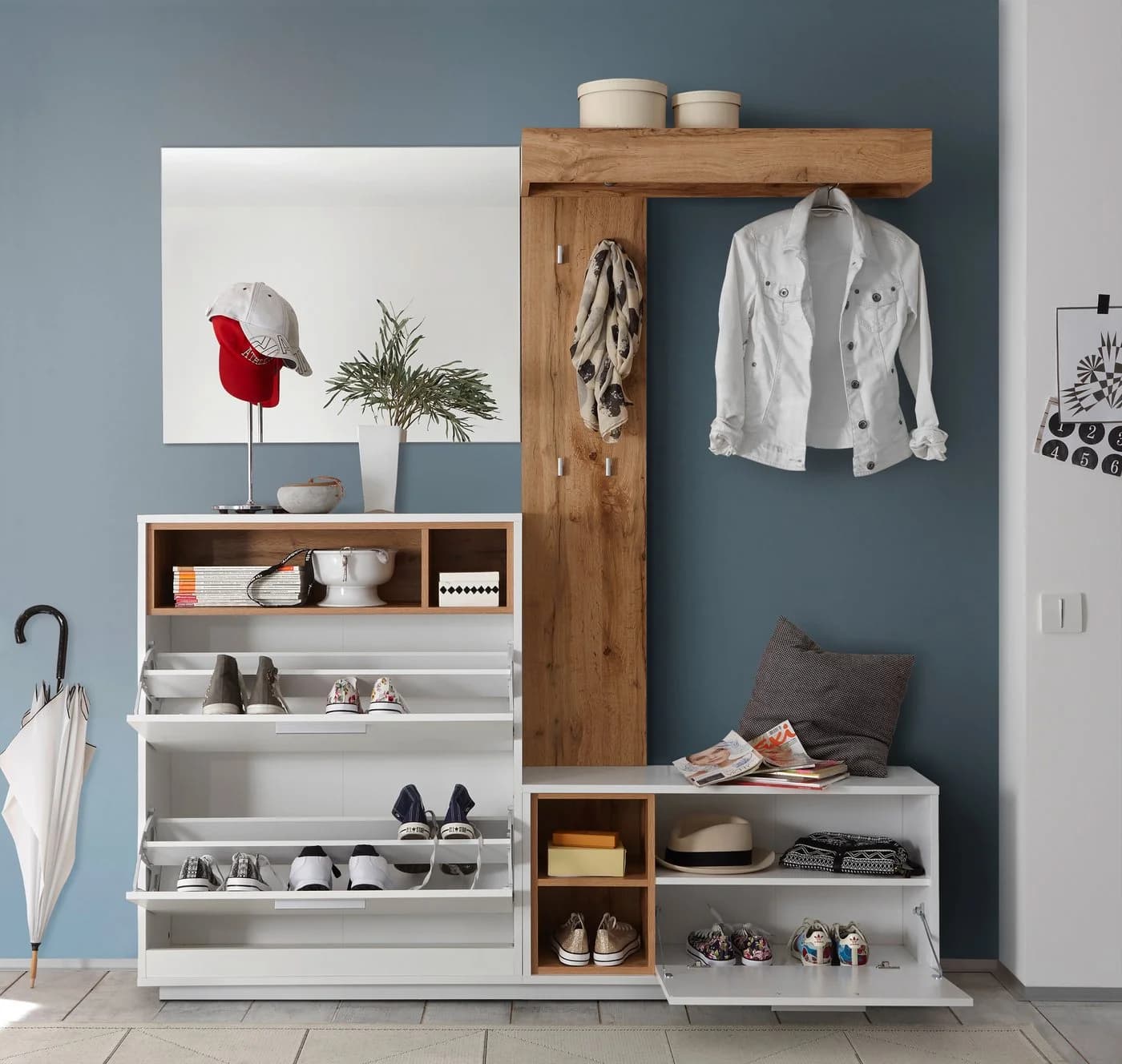 HBZ Milano Kompaktgarderobe mit Spiegel, Bank und Schuhkommode Weiß/Wildeiche - Bild 5