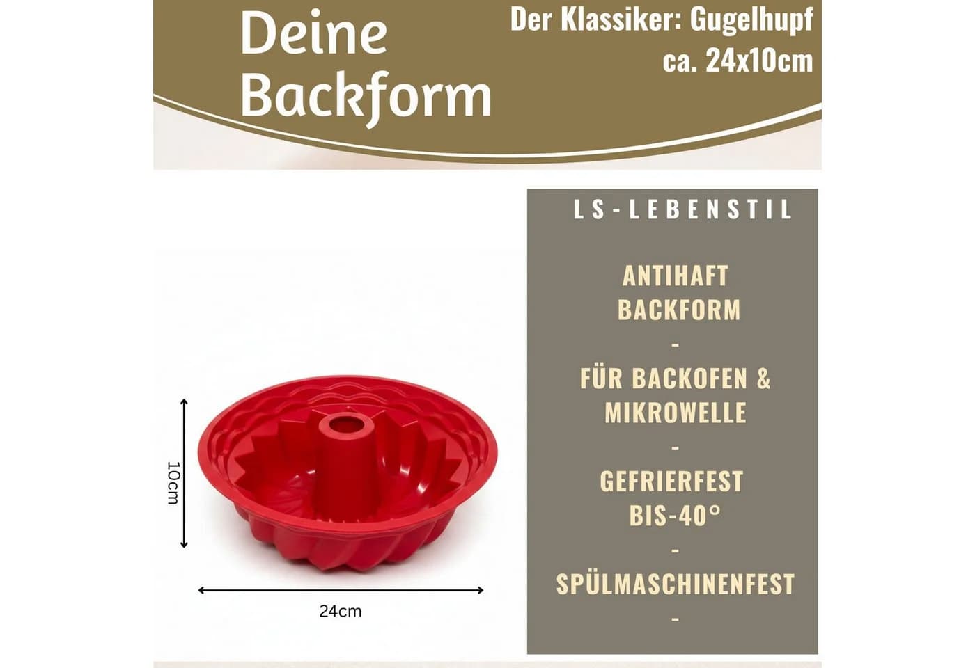 LS-LebenStil Silikon Gugelhupfform 24cm Rot Antihaft