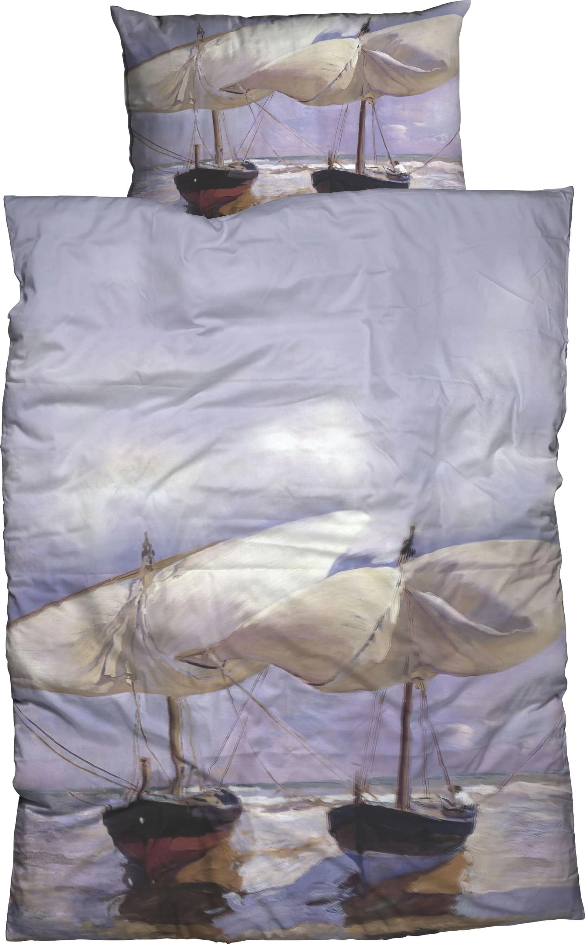 GOEBEL Bettwäsche Sorolla Beach Boats Grau Blau Satin 100% Baumwolle
