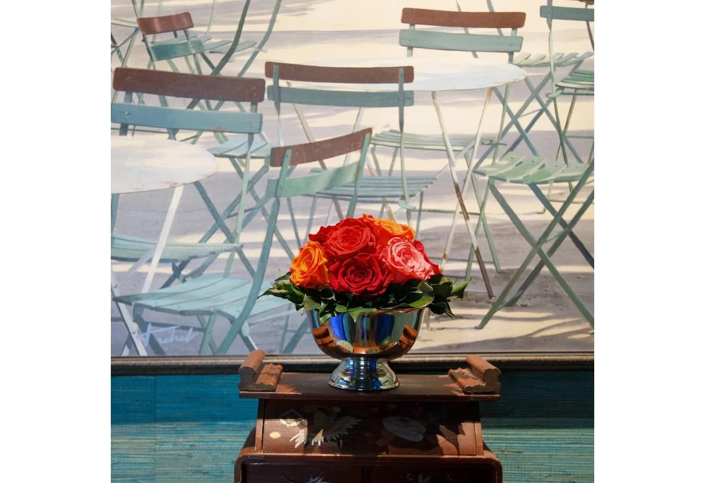 ROSEMARIE SCHULZ Heidelberg Blumengesteck 11 Infinity Rosen in Nickelvase