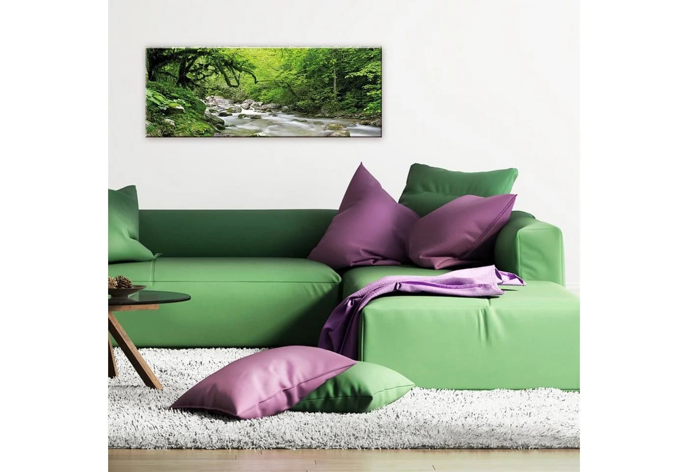 artissimo Glasbild Wald mit Bachlauf Grün 80x30 cm
