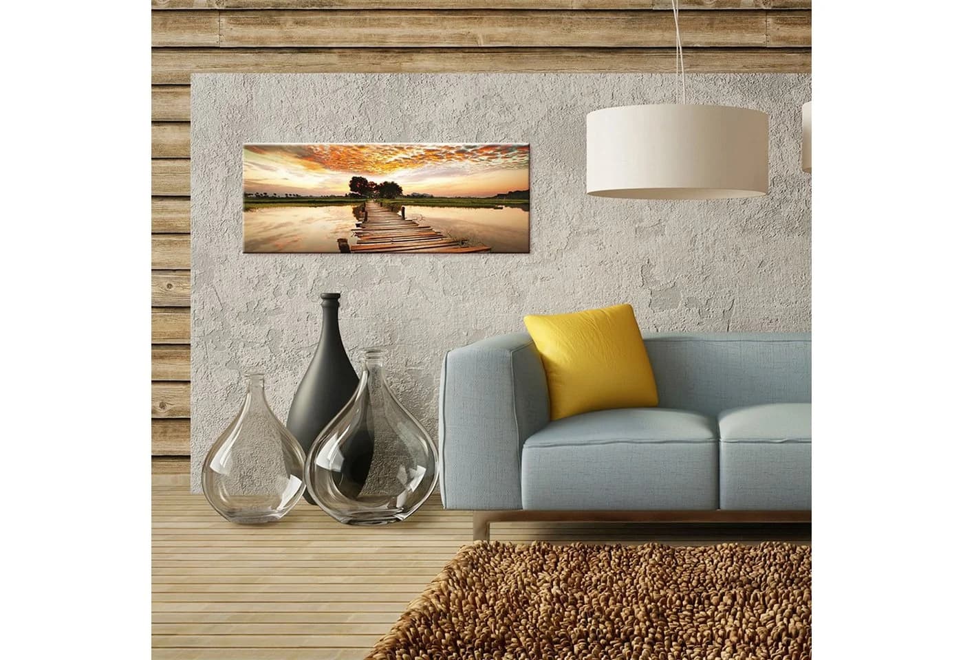 artissimo Glasbild Steg im Sonnenuntergang Orange Gold 80x30 cm