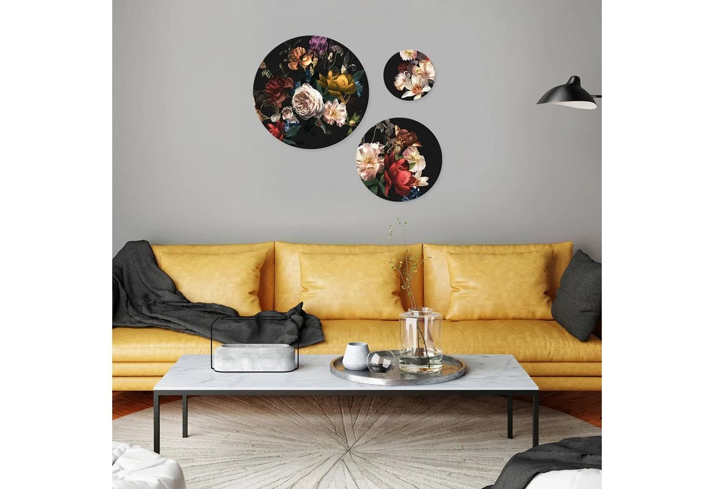 artissimo 3-teiliges runde Wandbilder Set Vintage Blumen Schwarz