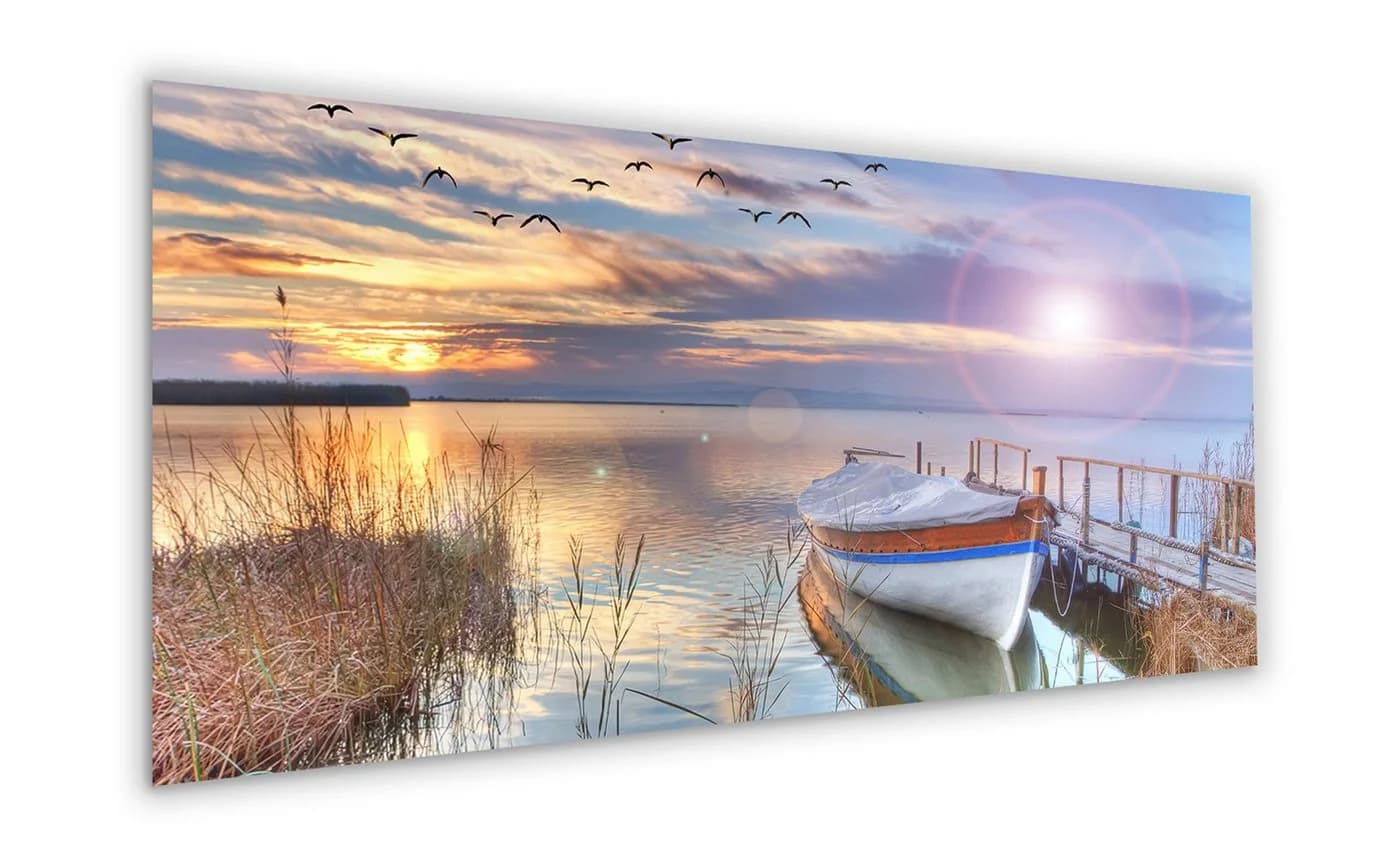 artissimo Glasbild XXL 125x50 cm Bild aus Glas Wandbild groß Boots-Steg Meer, Landschaft: Sonnenuntergang am See