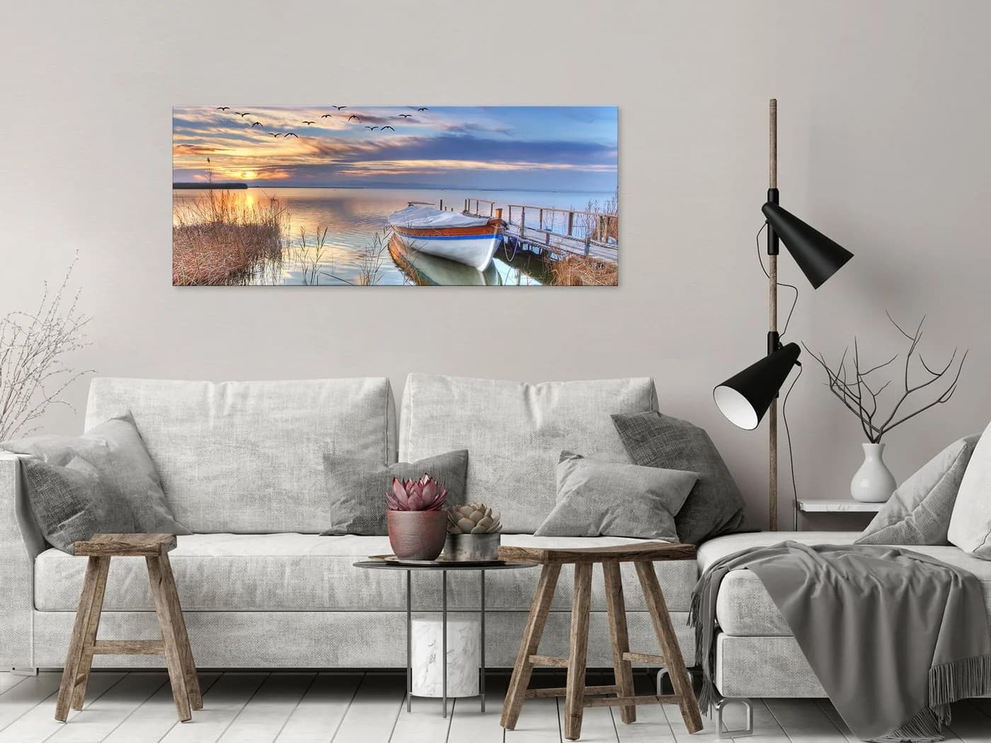artissimo Glasbild XXL 125x50 cm Bild aus Glas Wandbild groß Boots-Steg Meer, Landschaft: Sonnenuntergang am See - Bild 4